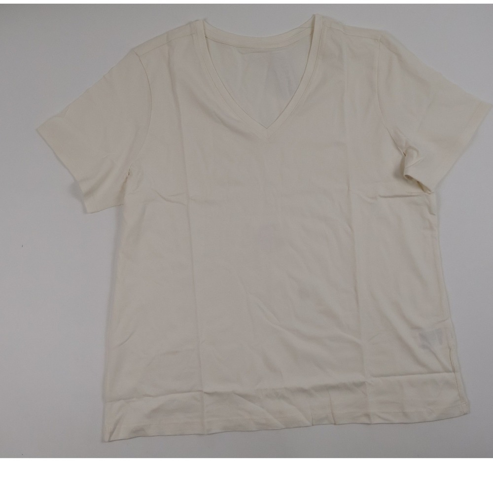 Lands End V-Neck Short Sleeve T-Shirt Cream Solid Large Cotton Blend NEW